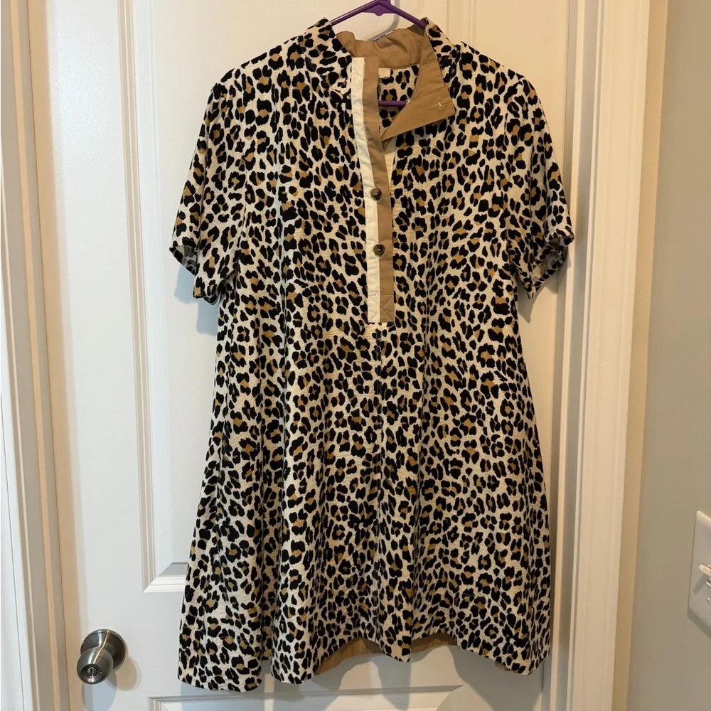 Girls' Leopard Print Short Sleeve Dress - Cream & Brown